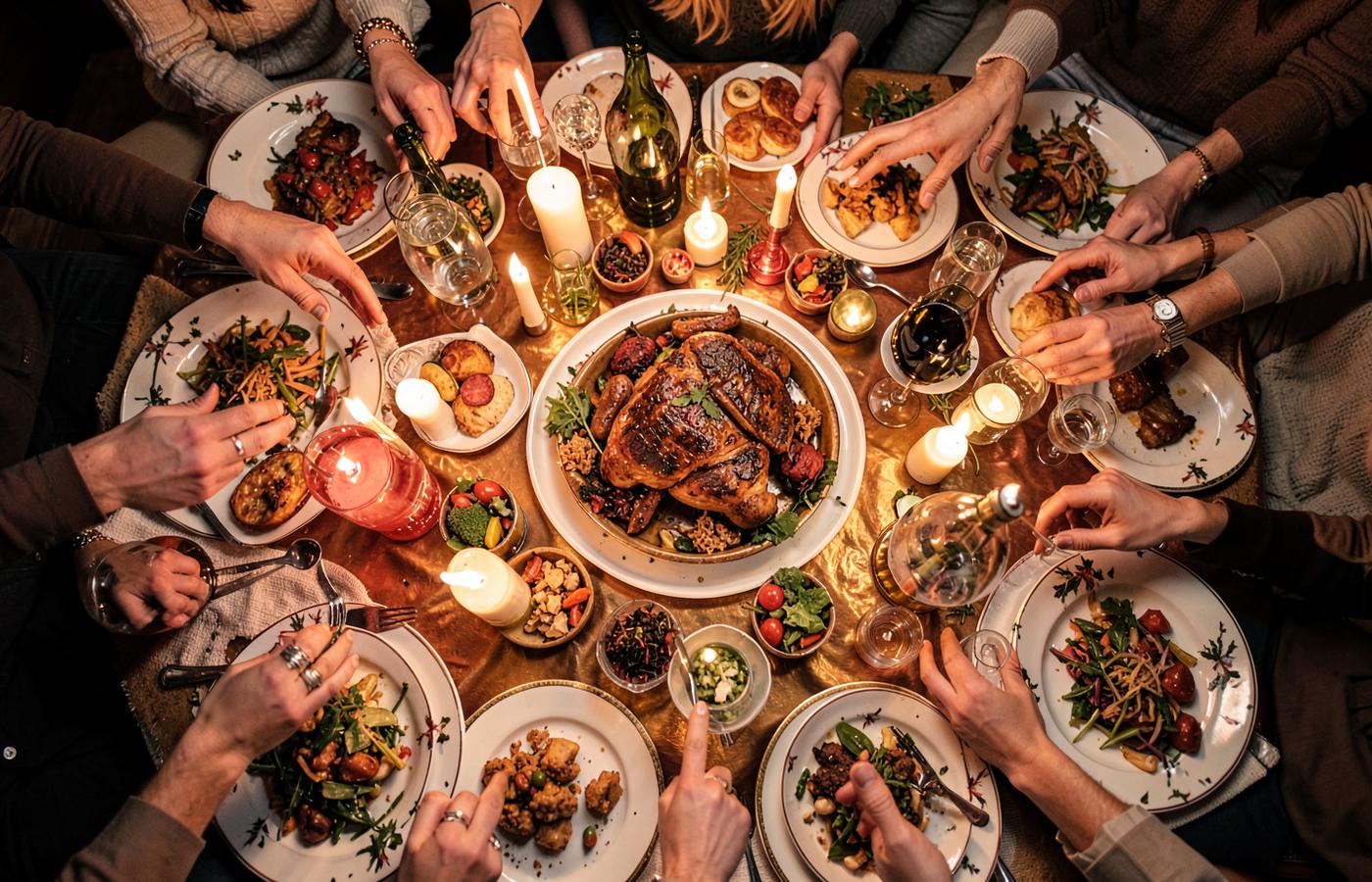 Overhead view of a candlelit holiday table crowded with shared dishes