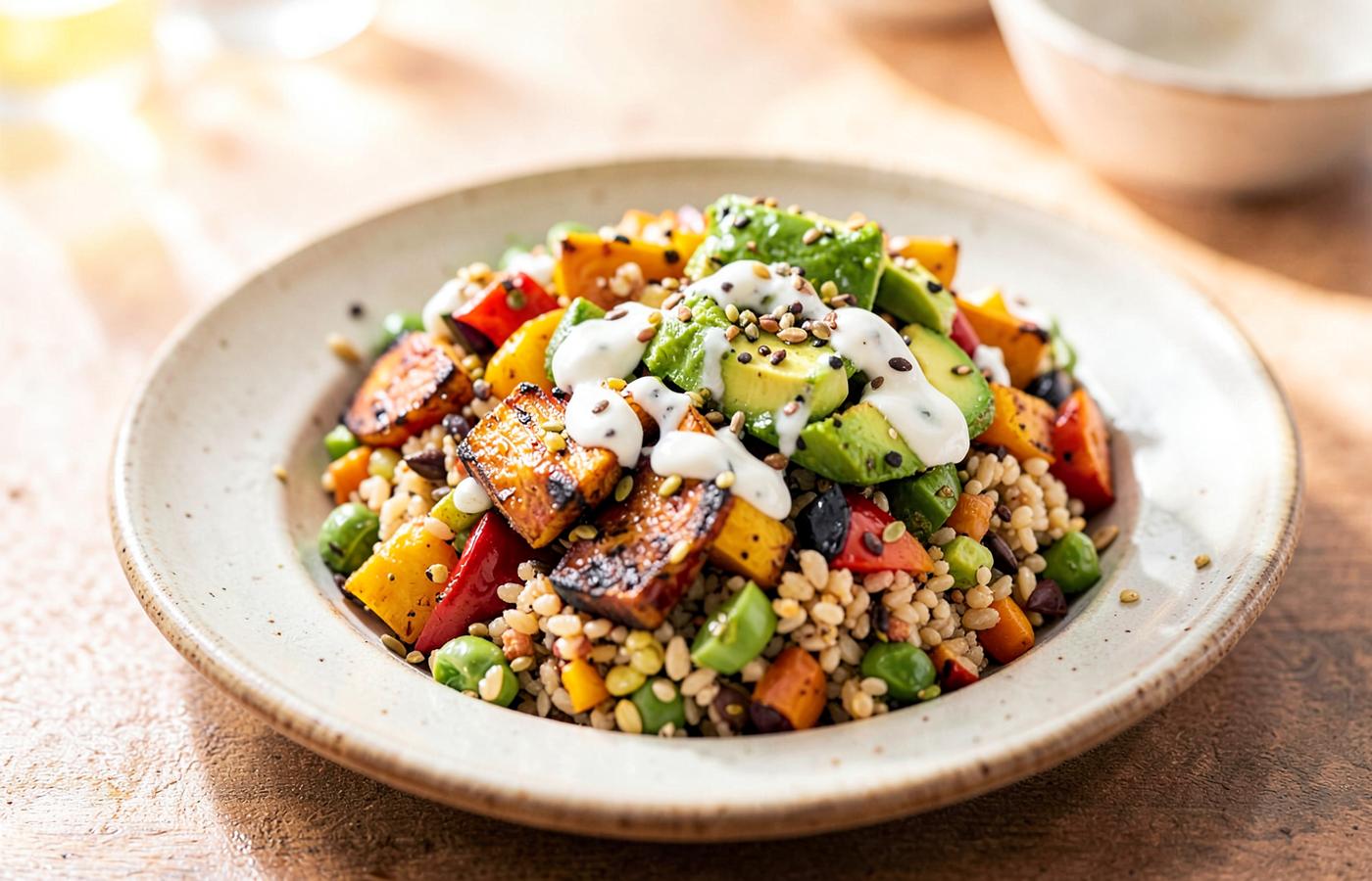 Bowl of grains and roasted vegetables topped with a white creamy dressing