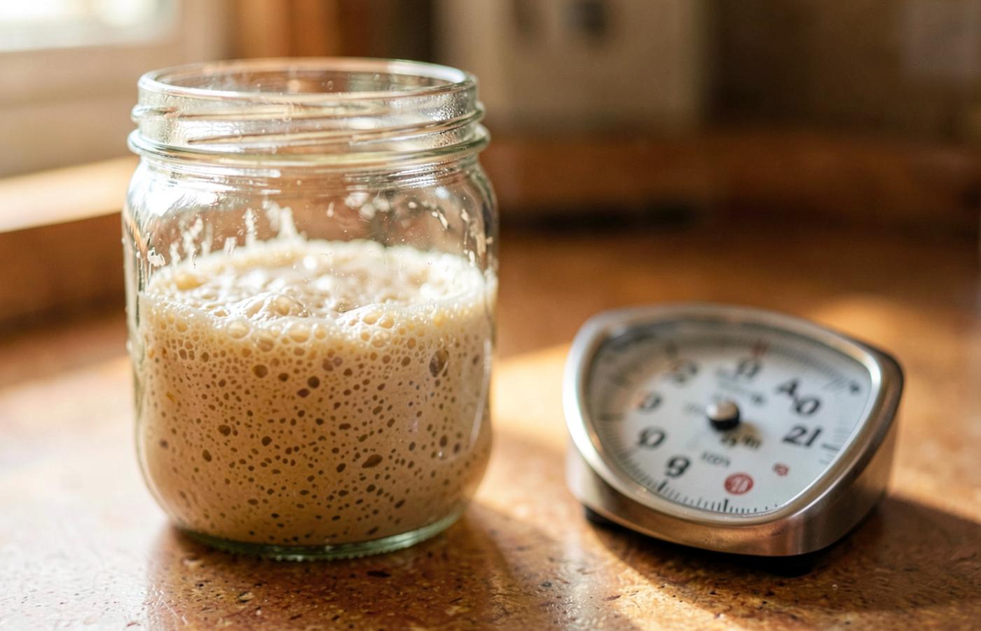 Bubbling ferment in a glass jar on a warm kitchen counter