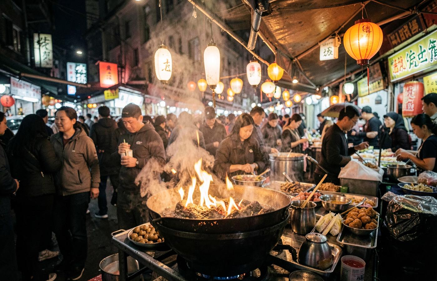 Night street food market stall with flames rising from a wok and glowing lanterns